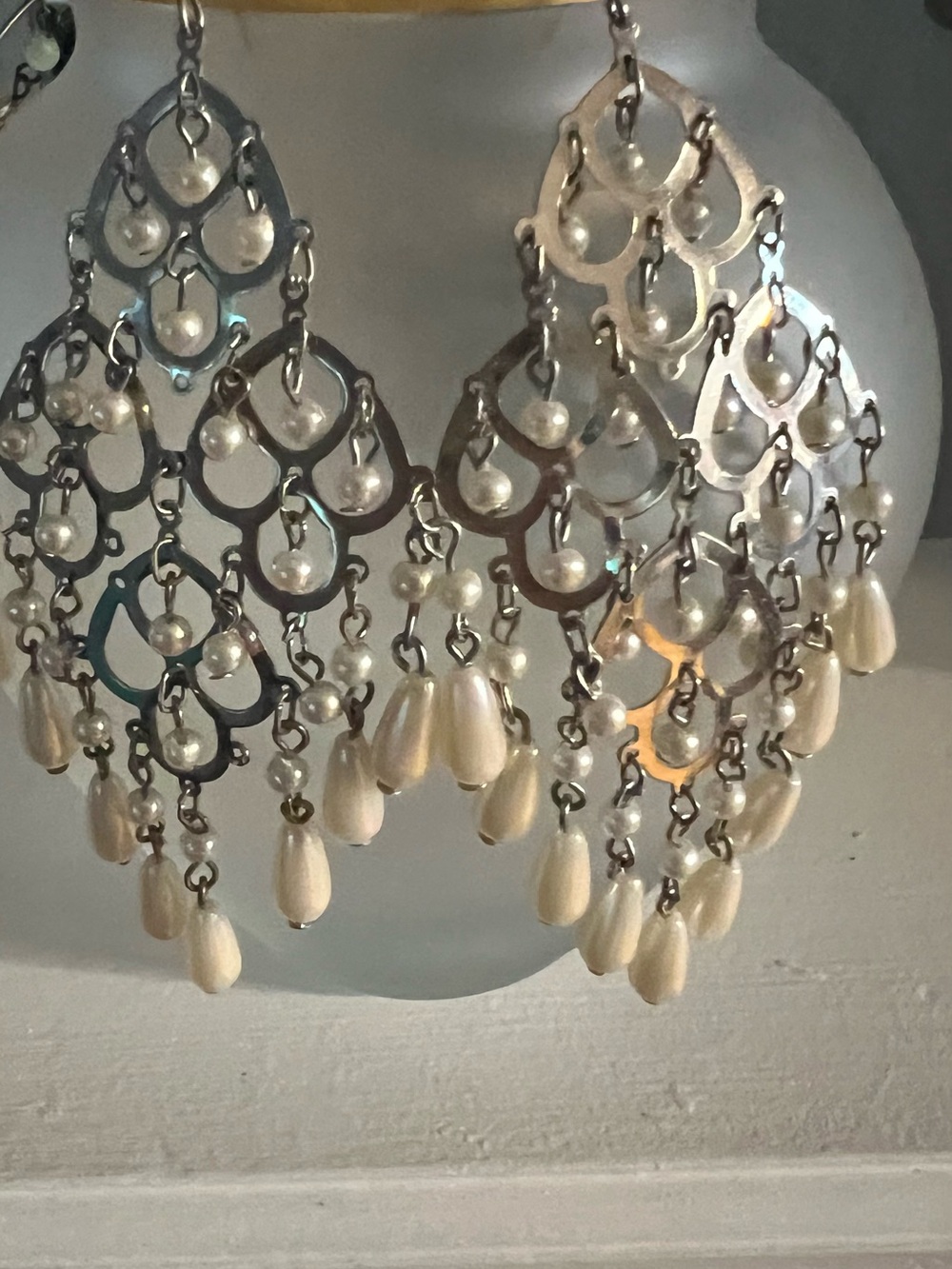 Elegant Pearl Chandelier Drop Earrings - Silver and Cream